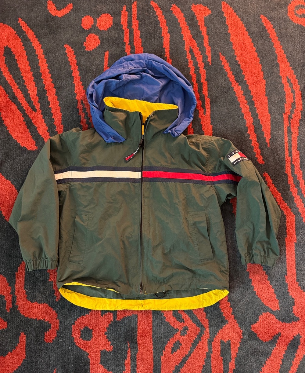 Tommy Hilfiger Green Kids Jacket with Blue Hood and Yellow Trim